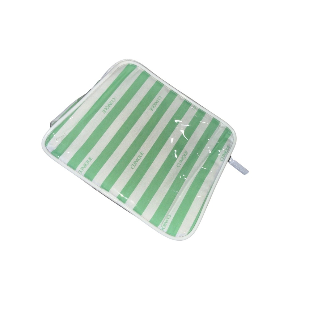 Clinique Green White Striped Makeup Bag Clear Vinyl Cosmetic Travel Pouch Zip